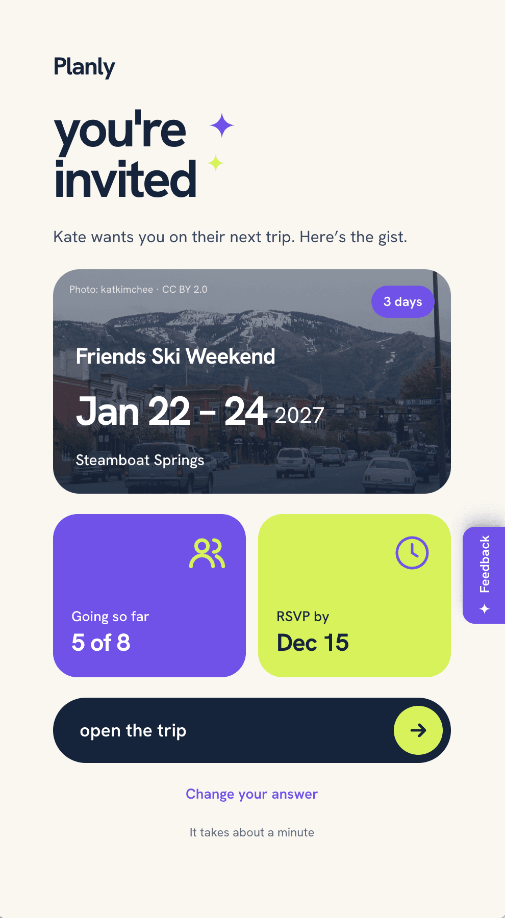 Planly trip invite showing dates, who's going and the RSVP deadline