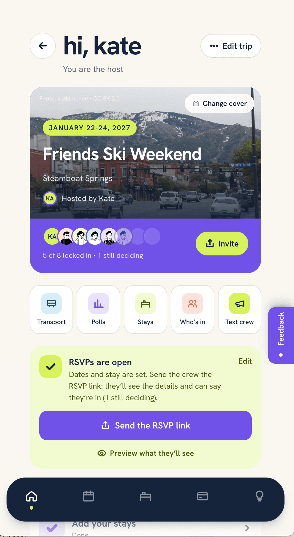Planly trip home with who's locked in, trip tools and the RSVP link